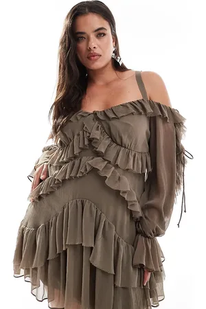ASOS ASOS DESIGN Curve ruffle off shoulder tiered mini dress in mink