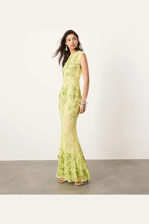 ASOS Sheer embroidered floral lace open back maxi dress in lime