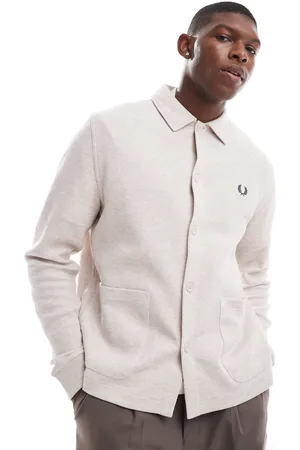 Fred Perry Long sleeve button through jersey jacket in off white