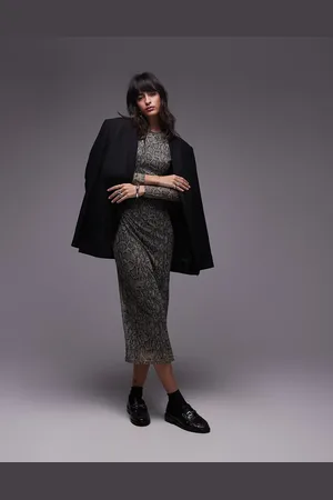 MANGO Mesh ruched side snake print midi dress in