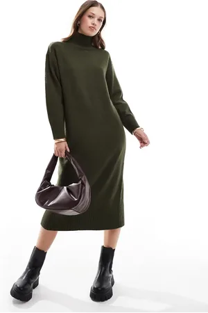 New Look Knitted stand neck midi dress in khaki