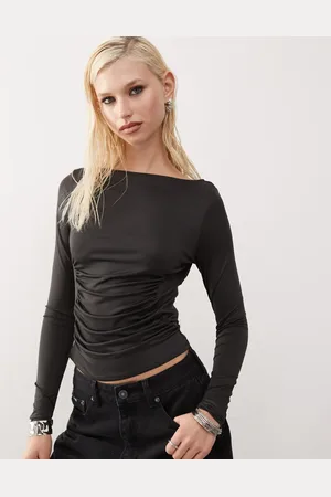 Monki Jersey long sleeve top with ruche heart detail in black