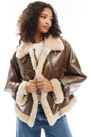 Pull&Bear Vinyl aviator jacket with shearling trim in
