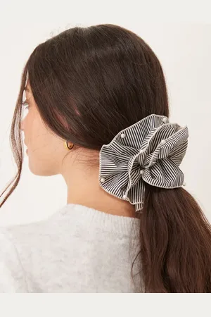 DesignB London Stripe ruffle scrunchie with pearl detail in black and white