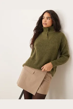 JDY Button detail high neck knitted jumper in khaki