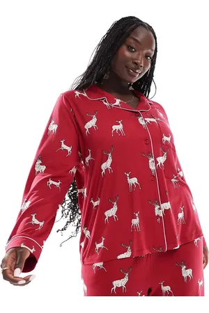 Chelsea Peers Exclusive Curve Christmas His & Hers long sleeve revere and trouser pyjama set in reindeer print