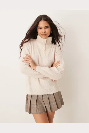 JDY Button detail high neck knitted jumper in stone