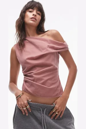 Topshop Velvet asymmetric shoulder top in blush