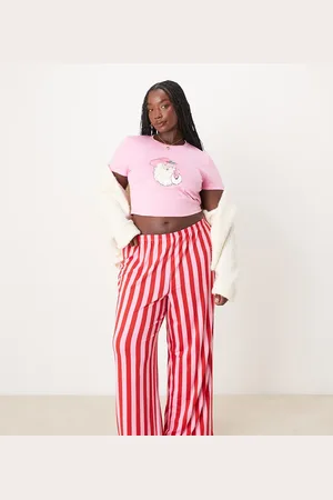 Urban Threads Curve Christmas cowboy santa poly long sleeve sweat and jogger pyjama set in pink and red stripe print