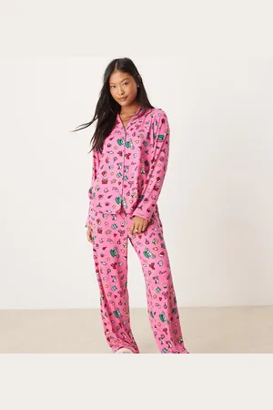 Urban Threads Petite Christmas poly long sleeve revere top and trouser pyjama set in festive print