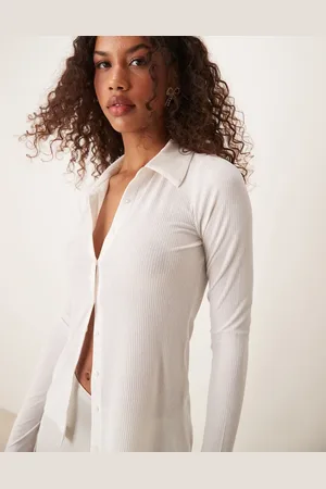 Abercrombie & Fitch Sheer ribbed button up long sleeve polo in off