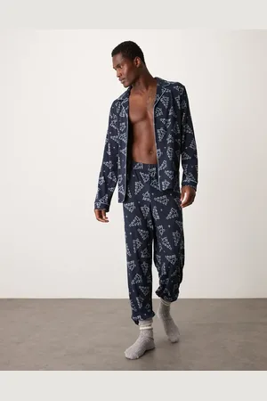 Urban Threads Poly Christmas long sleeve shirt and trouser set in blue christmas tree print