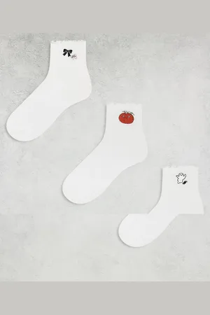 Monki 3 pack ankle socks with embroidered motifs and frill edge in