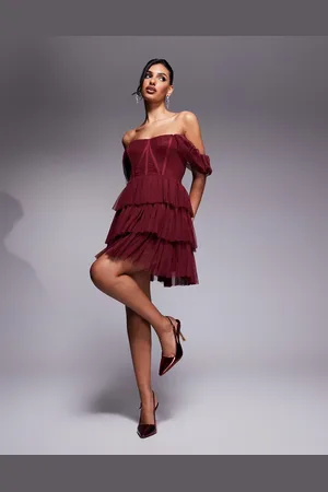 Lace & Beads Off shoulder corset tulle mini dress in burgundy