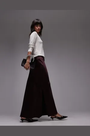 MANGO Side split satin maxi skirt in burgundy