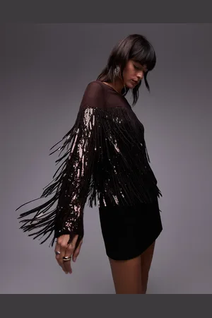 & OTHER STORIES & co-ord tassel fringe sequins top with sheer panels in wine