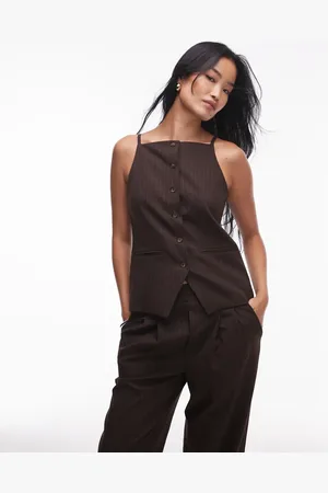 Topshop Square neck pin stripe waist coat in chocolate