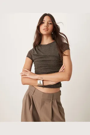 ASOS Hotfix mesh drape top with cap sleeve in charcoal
