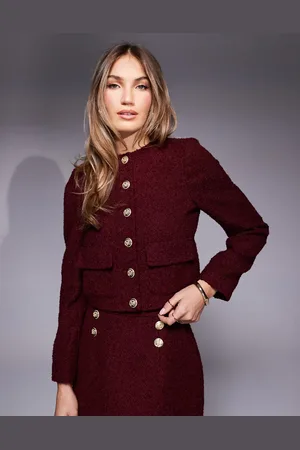 River Island Boucle trophy jacket in co-ord in burgundy
