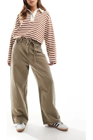 ONLY Wide leg tie waist jeans in washed brown