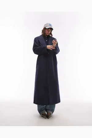 & OTHER STORIES & wool blend single breasted maxi coat in navy and white herringbone