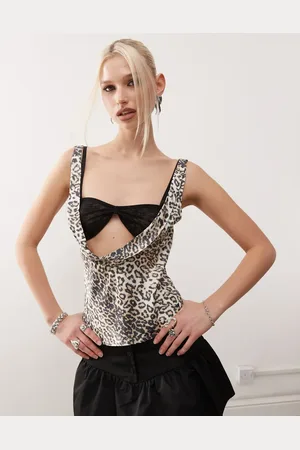Lioness Extreme cowl front top and black lace bra in faded leopard print