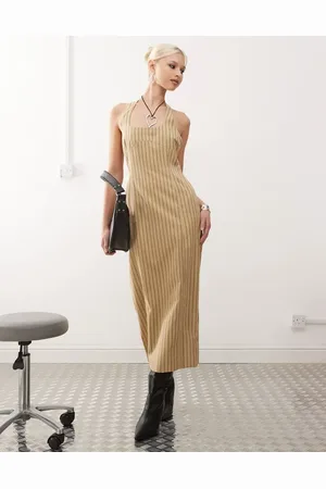 Lioness Halter neck back split midi dress in beige stripe