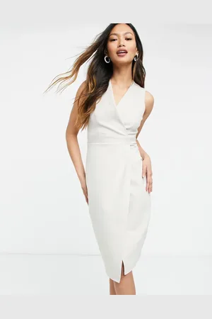 Closet Gathered wrap midi dress in stone