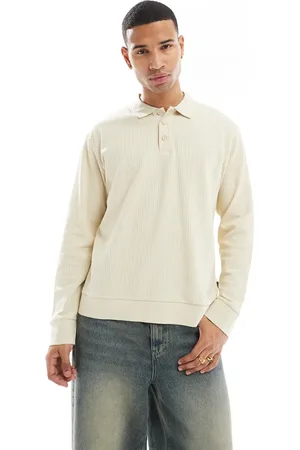 JACK & JONES Knitted long sleeve textured polo in ecru