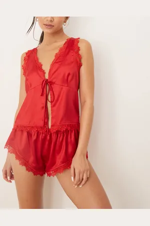 The Frolic Exclusive satin open tie pyjama top co-ord with lace trims in cherry