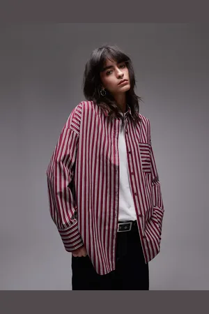 Topshop Oversized shirt in burgundy stripe