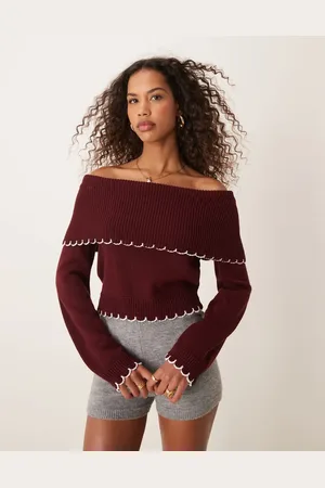Miss Selfridge Blanket stitch bardot knitted top