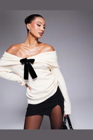 River Island Bardot bow jumper in beige