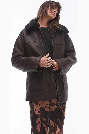 Topshop Faux leather borg shearling midi aviator jacket in