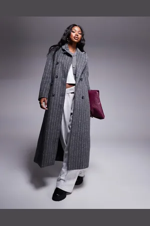 River Island Pinstripe double breasted coat in dark