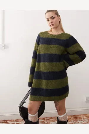 Monki Long sleeve crew neck mini knitted dress in khaki and navy stripe