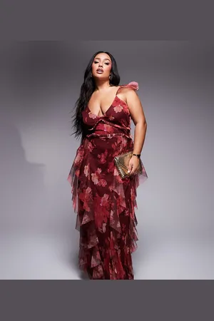 Lace & Beads Tulle ruffle maxi dress in burgundy rose