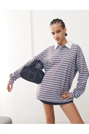 Edikted Stripey oversized collared rugby style top in blue stripe