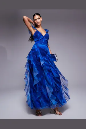 Lace & Beads Tulle ruffle maxi dress in cobalt floral