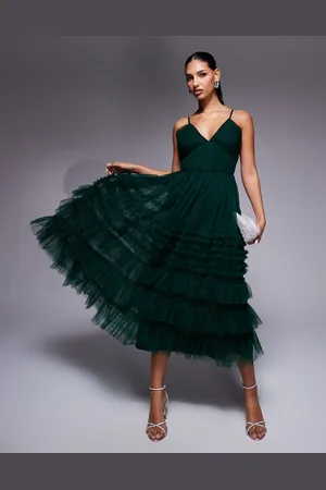 Lace & Beads Tiered ruffle midaxi dress in forest