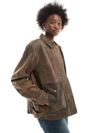 Urban Code Oversized vintage leather harrington jacket in deep