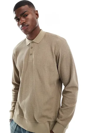 JACK & JONES Knitted long sleeve textured polo in beige