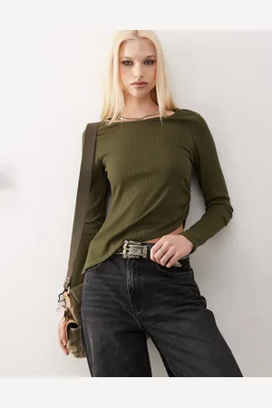 Reclaimed Long sleeve slash neck rib top in khaki