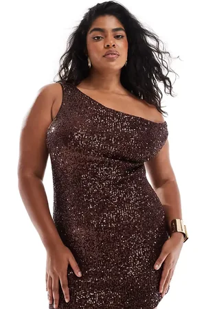 ASOS ASOS DESIGN Curve sequin asymmetric off shoulder mini dress in chocolate