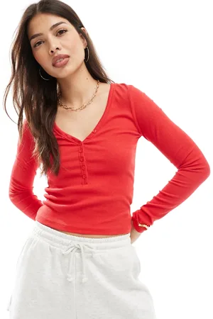 Cotton On Cotton On rib v neck henley long sleeve top in rebel