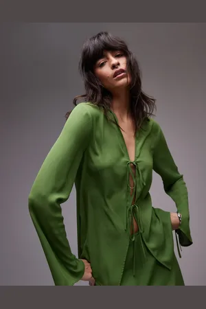 Topshop Split sleeve collar crepe top in olive