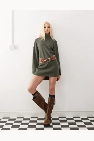 Reclaimed Super soft slouchy funnel neck dress in khaki