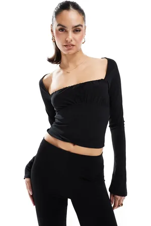 Pull&Bear Ruched long sleeve mesh top in