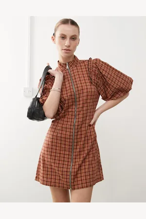 COLLUSION Puff sleeve mini dress with zip detail in check