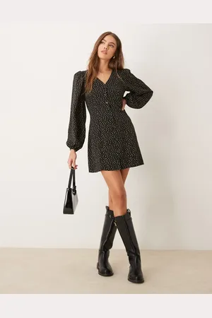 Glamorous Long sleeve mini tea dress with tie front in black cream ditsy floral